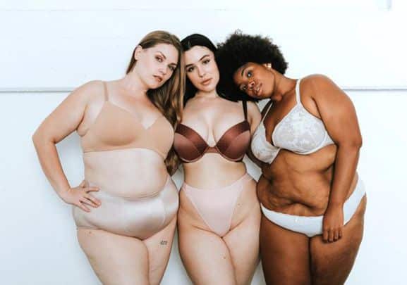 Drei kurvige Frauen in Dessous